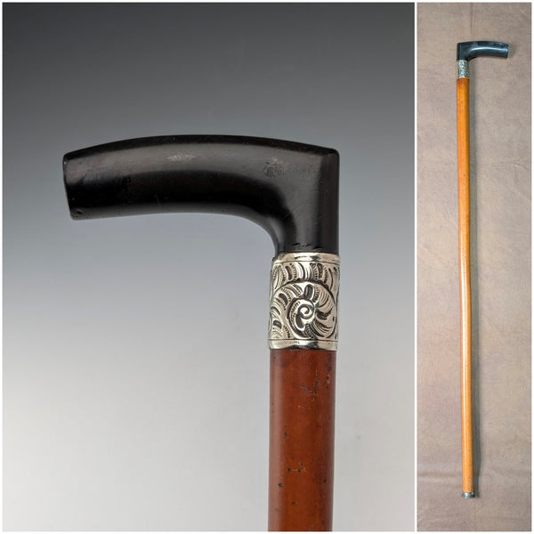 Antique British Malacca Shaft Resin L-Handle Walking Stick 88cm